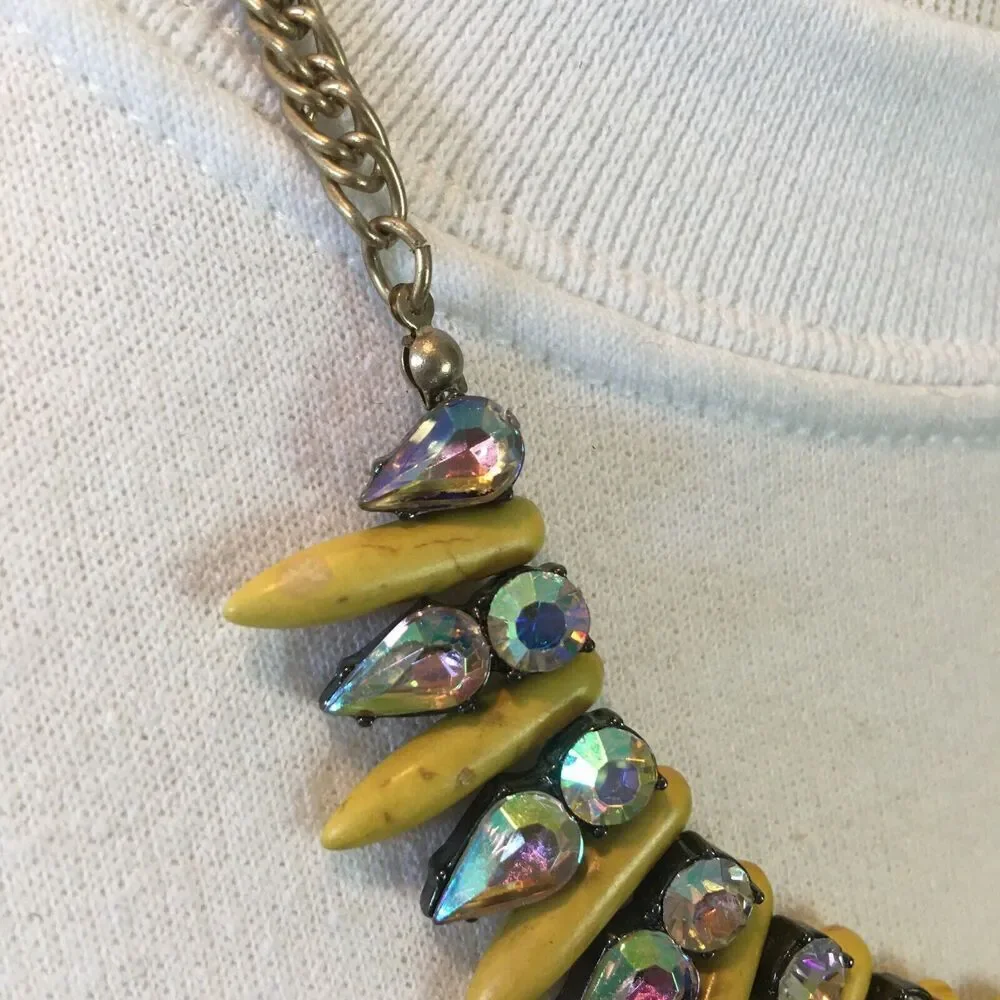 Rhinestone Necklace 21 Inch Gold Tone Chain Yellow Spike Statement Necklace